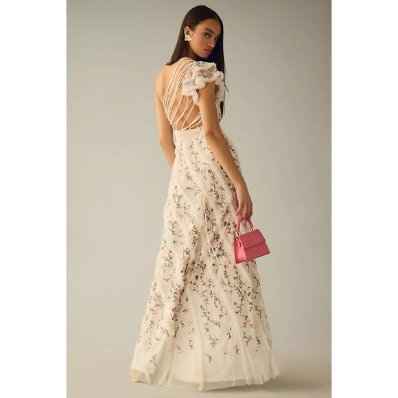 MAC DUGGAL Floral Embroidered Ruffle One-Shoulder Gown in Ivory Size US 6 - Picture 13 of 16